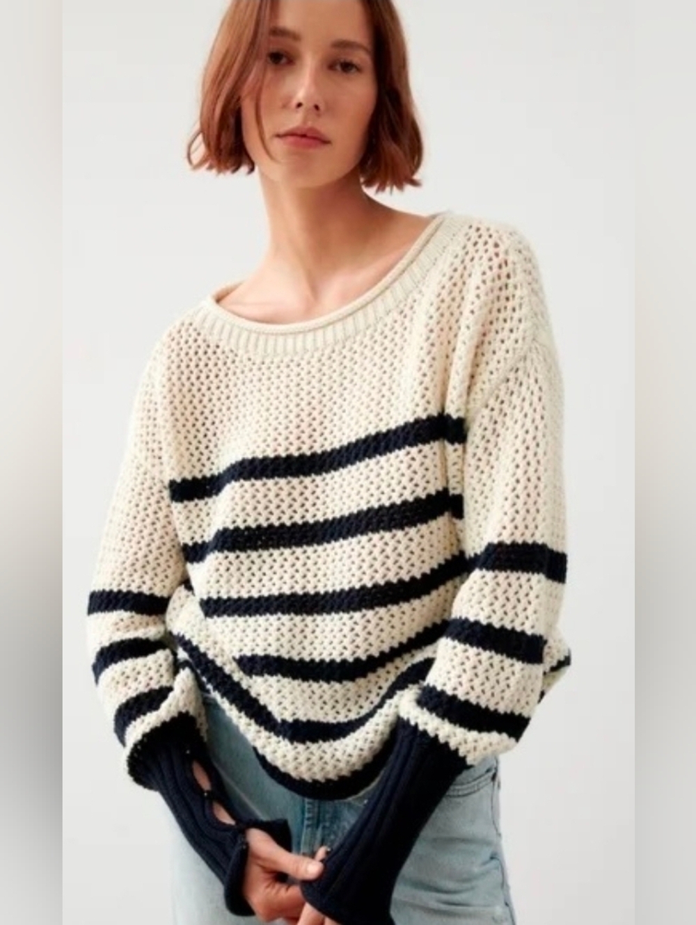 ZARA Long Sleeve Striped Open Knit Sweater Navy Ivory  Size S